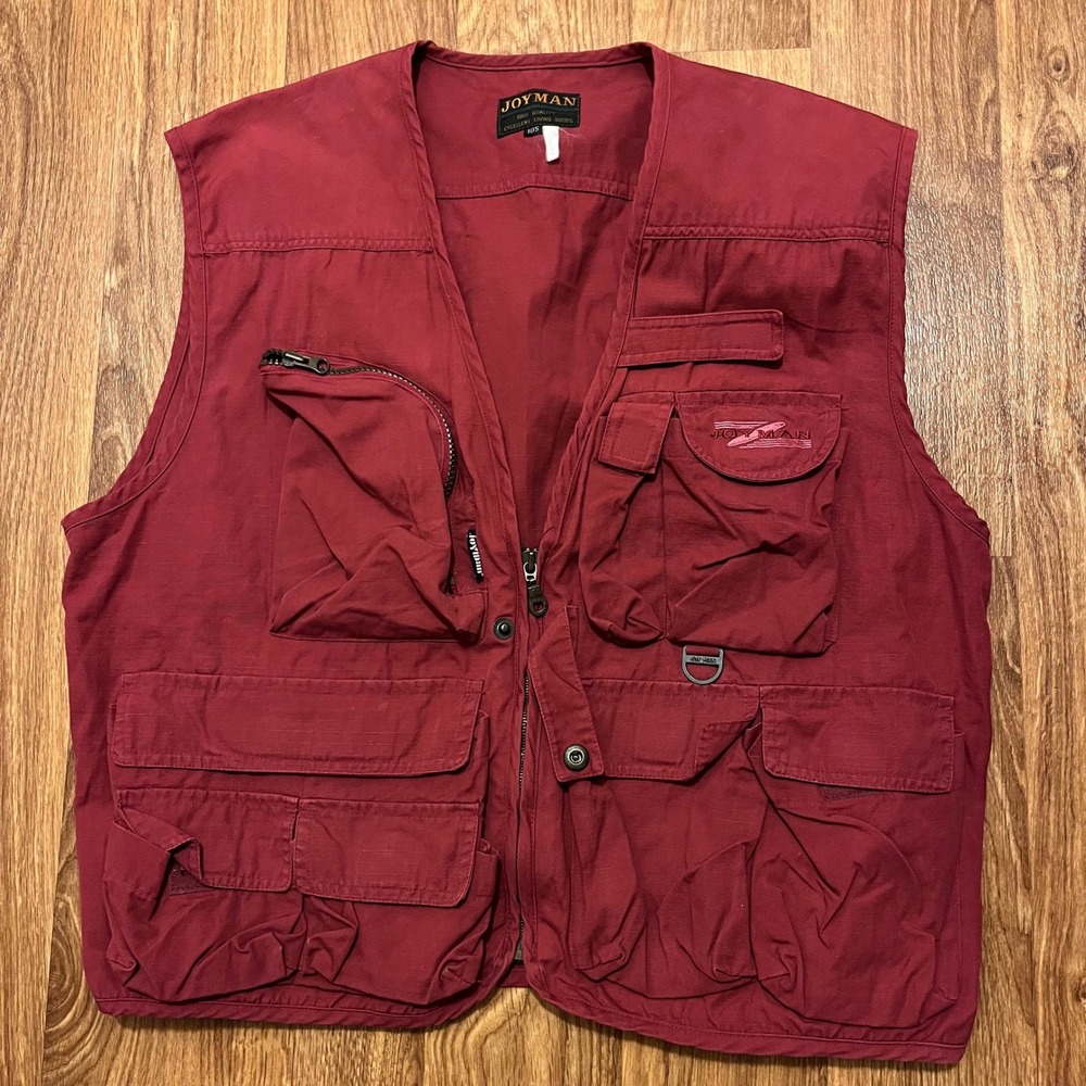JoyMan Utility Vest Men Small Burgundy Multiple Pockets Zip Front Fishing Hiking